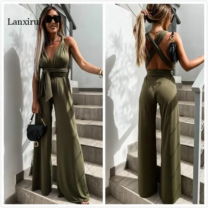 2021 Summer Elegant Solid V Neck Jumpsuit Women Sexy Sleeveless Backless Romper Ladies Fashion Bandage Belt Wide Leg Playsuits