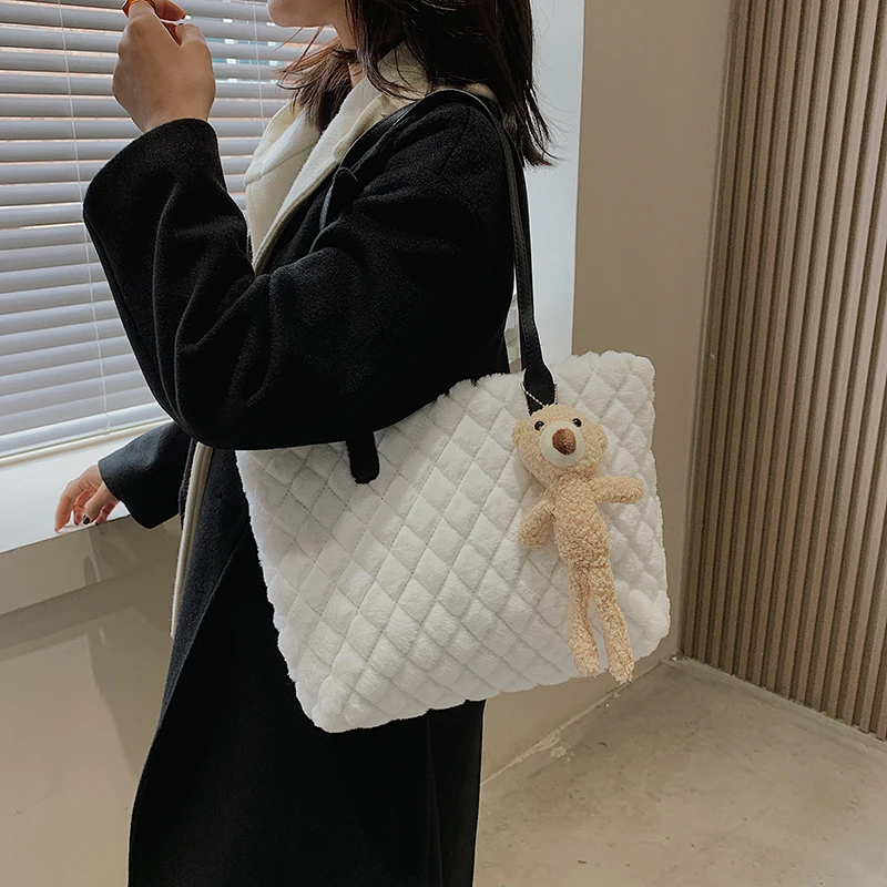 Diamond Pattern Plush Tote Bags For Women 2021 Soft Fluffy Bag Furry Handbag Solid Fur Crossbody Shoulder Bag Casual Shopper Bag