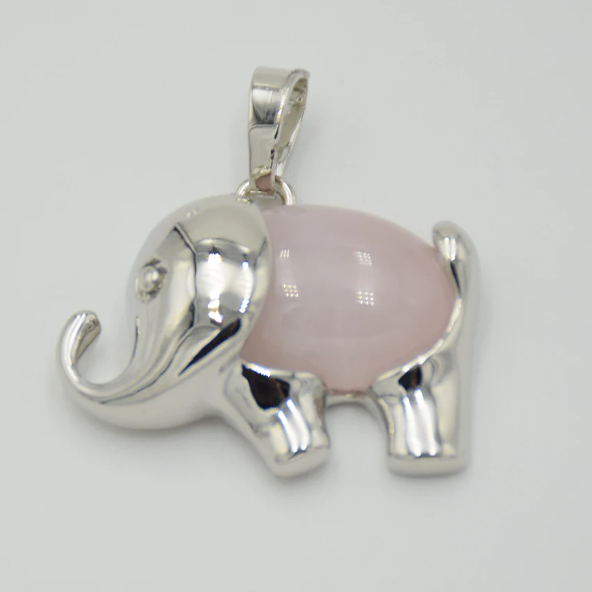 Fashion Silver Color Cute Animal Elephant Natural Stone Crystal Bead Pink Quartzs Tiger Eye Necklace Pendant for Women Men Charm
