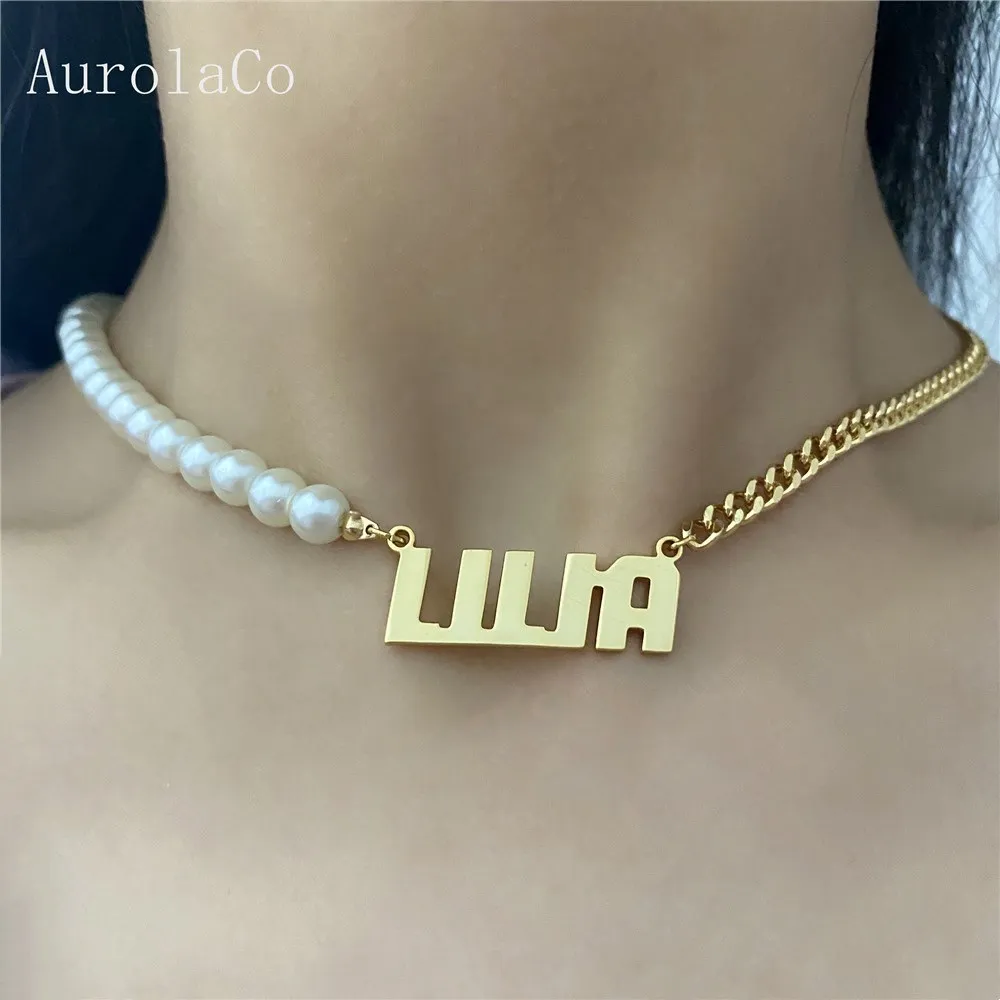 

AurolaCo Customized Name Necklace Personalized Pearl Necklace Gold Pendant Nameplate Necklace For Women Jewelry Gift