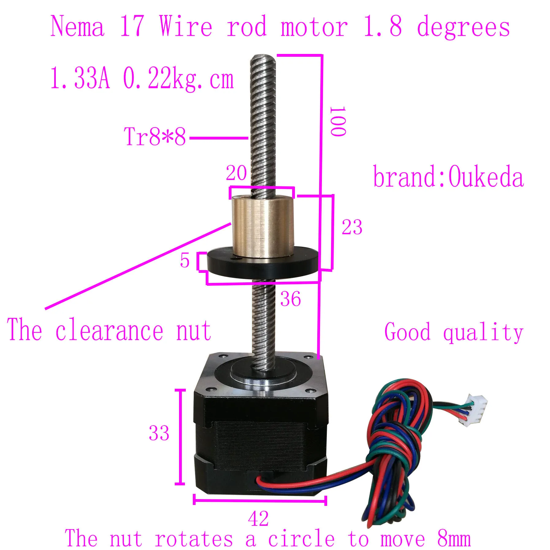 선형 스테핑 모터 샤프트, 42 나사 스텝퍼 모터, Tr8 * 8*100mm, Nema 17, 1.33A, Nema17, 0.22kg.cm