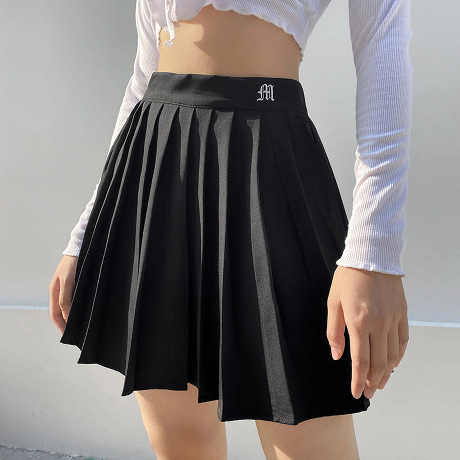 college style pleated skirt woman Sexy high waist mini short skirt letter embroidered woman solid color A-line pleated skirt