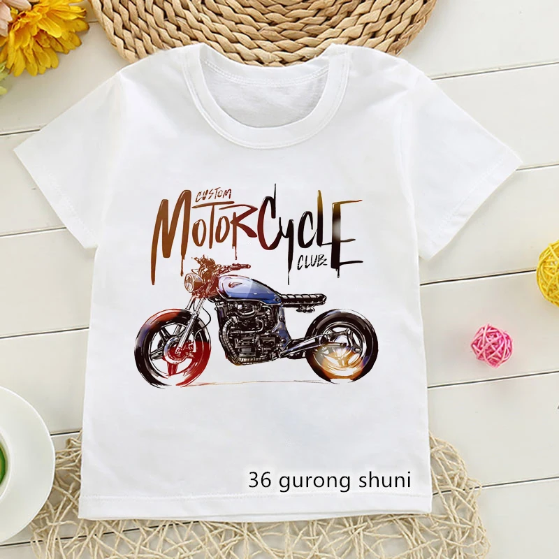 New Arrival Boys T-Shirts Cool Motorcycle Graphic Print Boy Clothes Summer Fashion Tee Toddler Tshirts White Yellow Shirt Tops