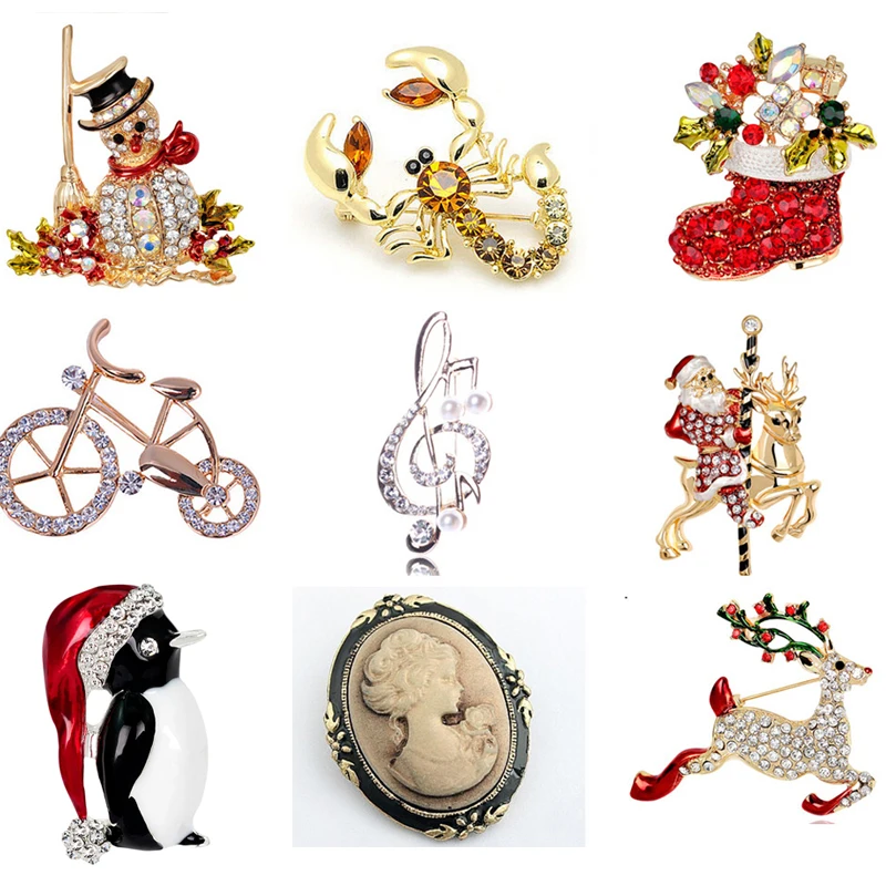 1pcs Christmas Gift Crystal Bell Shoe Boots Deer Snowman  Cat Santa Claus Brooches Pins Wedding Jewelry Women Charms Brooch