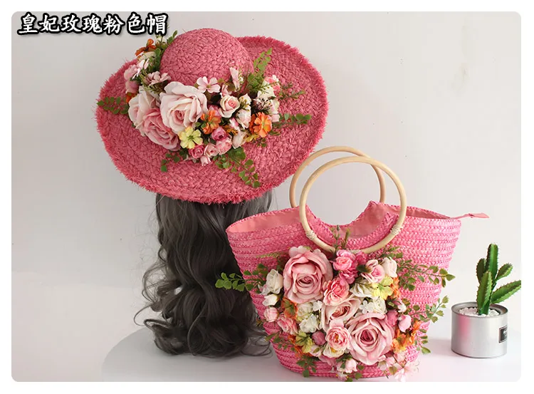 Summer Lady rafia Fiori fatti a mano Cappelli di paglia Cappelli da sole da spiaggia per donna + Borse Borsa per ragazze in tessuto lavorato a