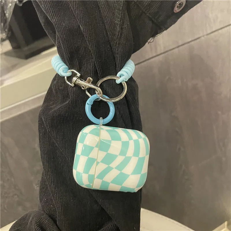 INS New Twisted Checkerboard Earphone Case For Airpods 1 2 Pro 3 Spring Lanyard Keychain Headphone Shockproof Protective Cover