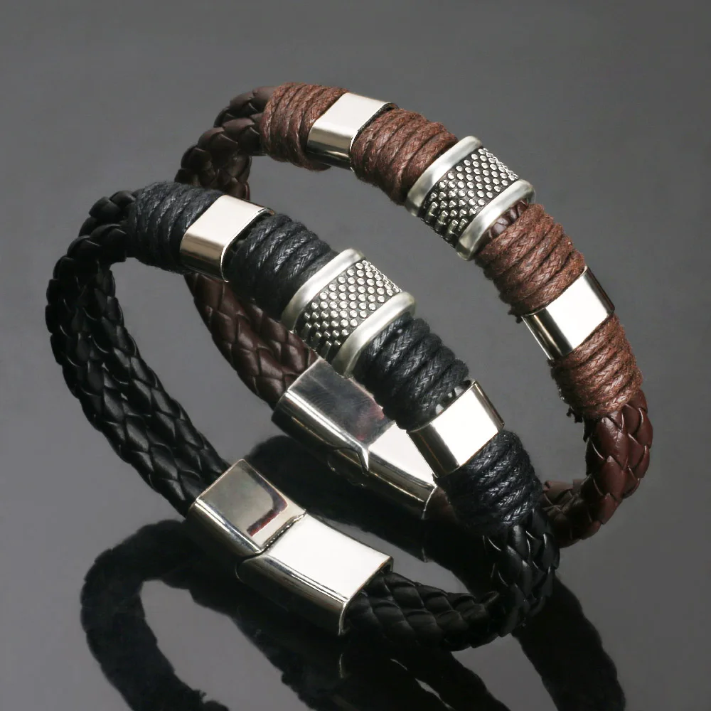 2024 Trend Charm Jewelry Handmade Weave Leather Bracelet Men Vintage Cuff Bracelets Bangles Magnet Bracelet Pulsera Hombre