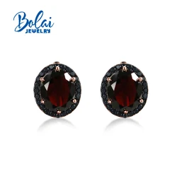 Elegant Natural Black Garnet Rings And Earrings Set 925 Sterling Silver Fashion Accessory for Women
