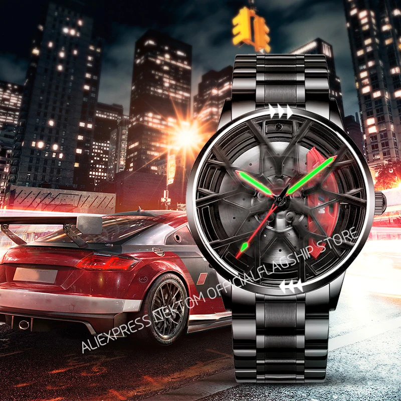 NEKTOM New Fashion Luxury Business Men's Watches Luminous Real 3D Model Spinning Car Wheel Hub Watch For Men Relogio Masculino