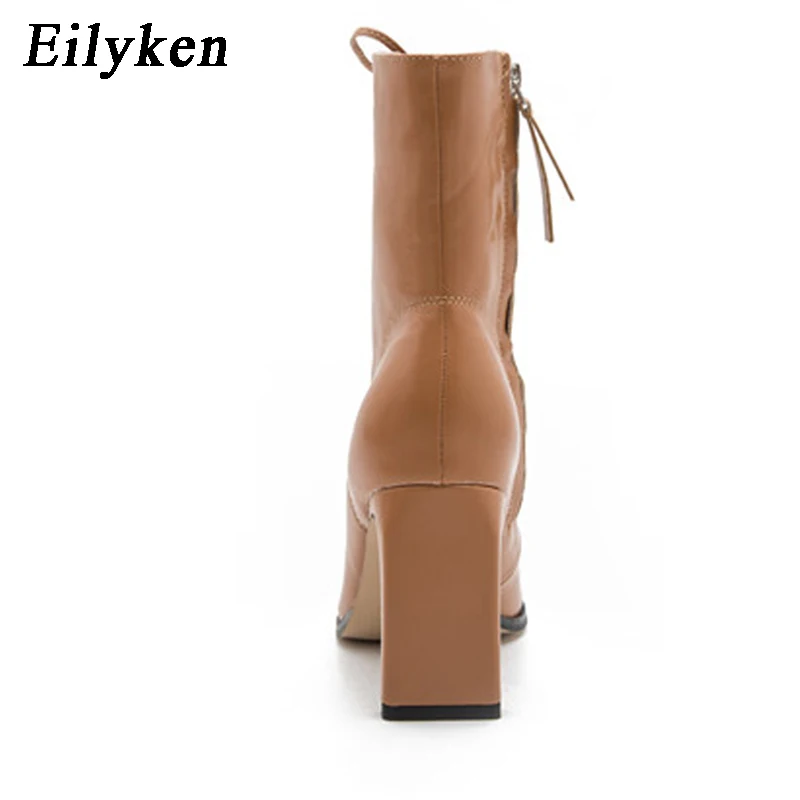 Eilyken Design Soft Leather Square High Heels Women Ankle Boots Fashion Cross Lace-Up Zipper Party Pumps Ladies Shoes