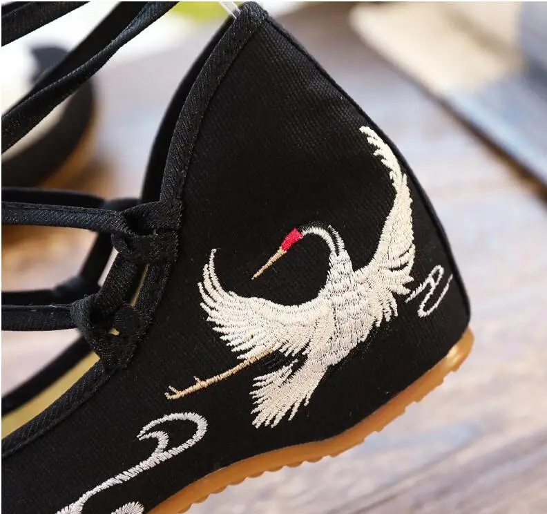 Unique Crane embroidered Fabric Shoes spring autumn Chinese style lace up Hanfu's cloth shoes women dance Performance shoes