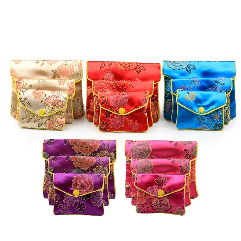 

60pcs Small Brocade Pouches Bag Christmas Gift Bags Padded Satin Embroidery Bag Snap Case Chinese Silk Zipper Coin Purse