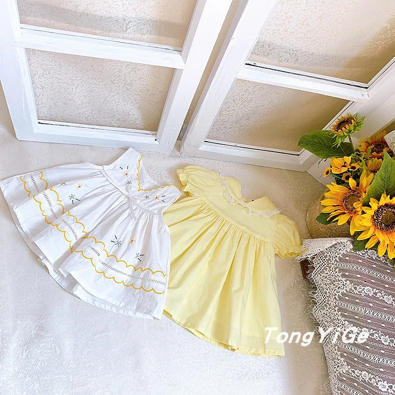 Baby girl vintage summer Spanish cute layered princess dress kids peter pan collar lace stitching party dress