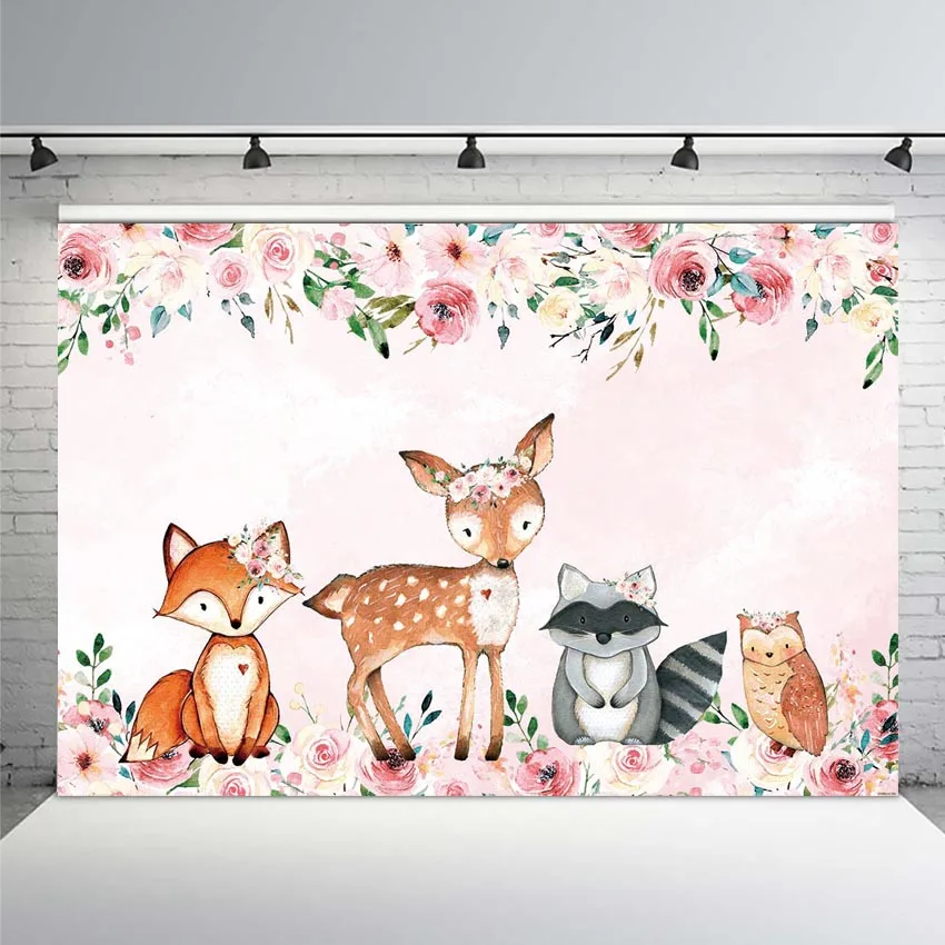 

Animal Backdrop for Photography Baby Shower Birthday Flower Background Newborn Arrow Deer Fox Squirrel Bird Photo Studio