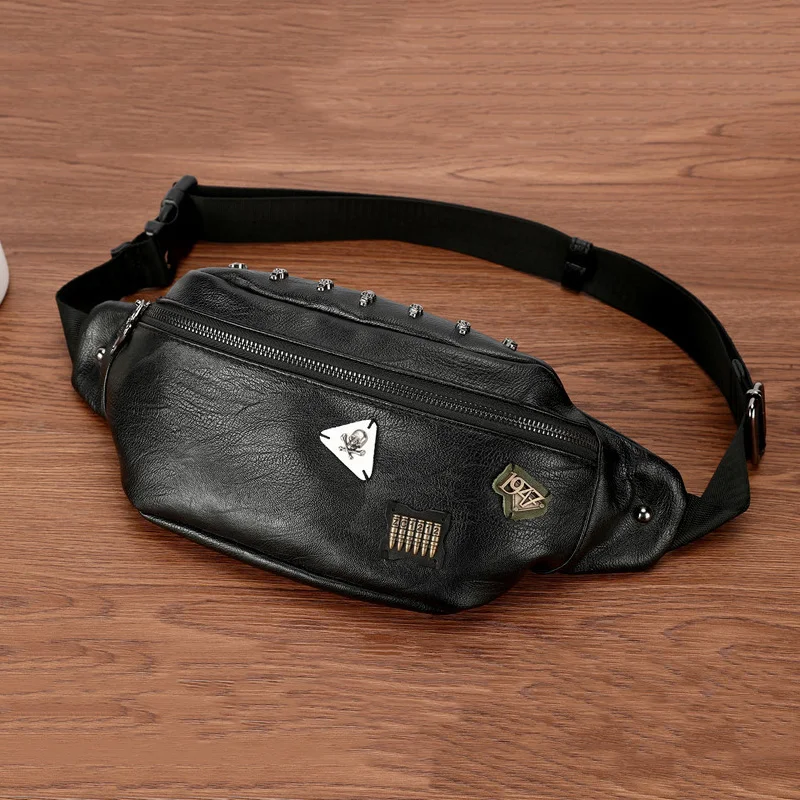 Waist Bag 2023 New High-end Brand PU Leather Men\'s Belt Bags Travel Handy Fanny Pack Male Tide Skull Rivet Waist Packs