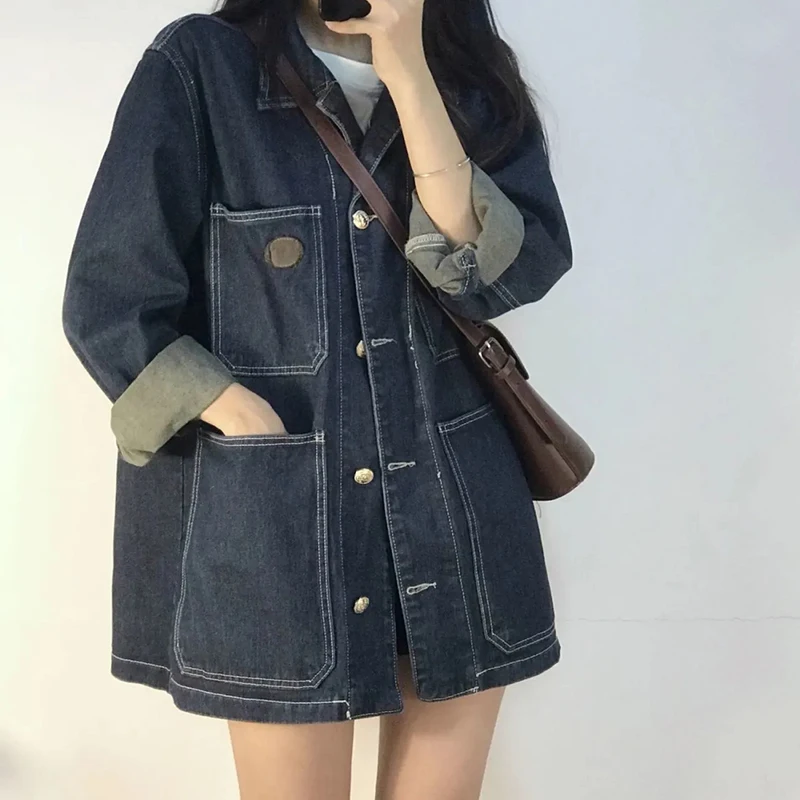 Plus Size 5XL Solid Color Loose Women Jean Jackets Autumn Vintage Versatile Female Denim Coat Big Pockets Midi Cowboy Outerwear