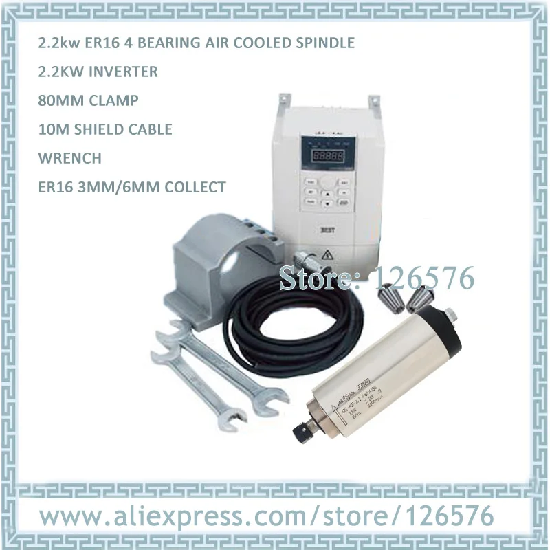 

2.2kw air cooled spindle motor 24000RPM 4 bearing ER16 ER20 + AC220V VFD Inverter + 80mm bracket + Shield cable