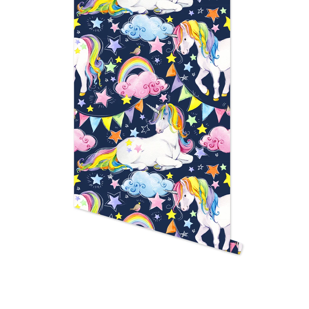 Cartoon Unicorn Rainbow Cloud Peel And Stick Wallpapers Self Adhesive Boys Kids Bedroom Decor Mural Pink/Blue