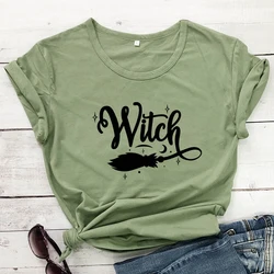 Witch Broom 100% Cotton T-shirt Funny Women Halloween Costume Tshirt Fashion Autumn Short Sleeve Graphic Witchy Tops Camiseta