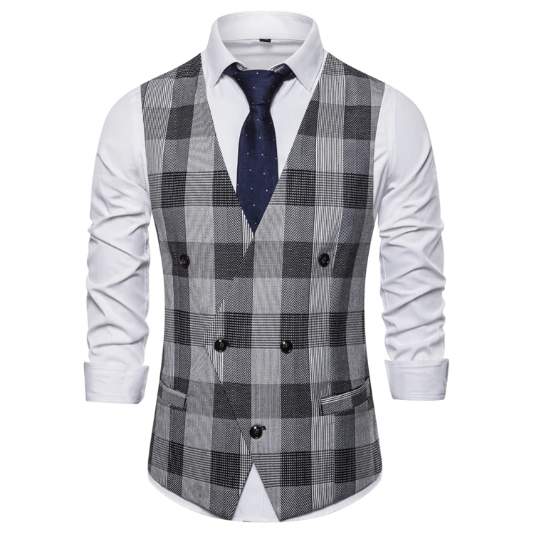 Plaid Waist Coat For Men Fashions Formal Double-breasted Business Wedding Prom Dress Coletes Masculino Mens Vest Fashion Suit