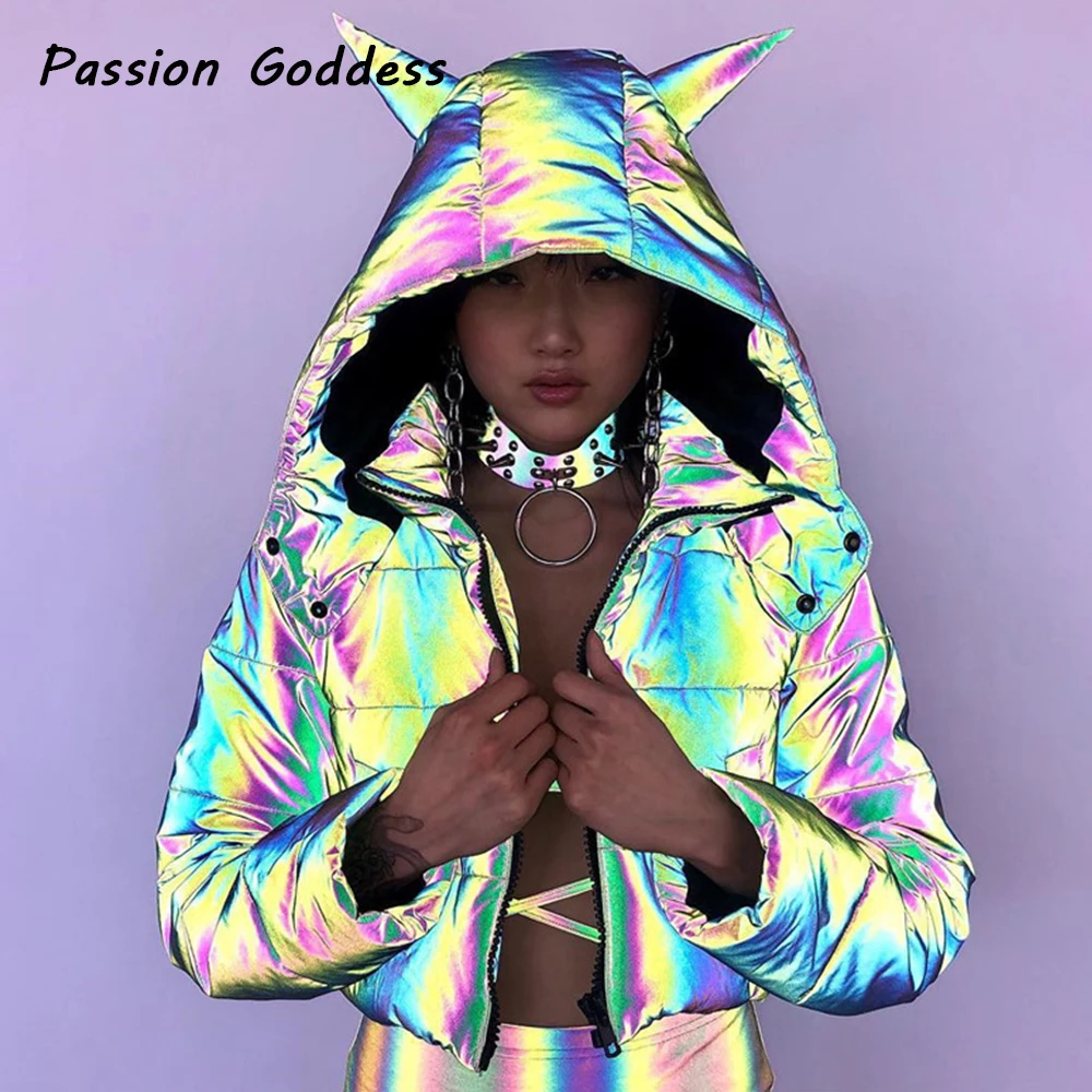 Fashion Women Winter Reflective Parkas Down Outcoats Thick Oversized Cool Luminous Hooded Jackets Coats Chaquetas Mujer Invierno