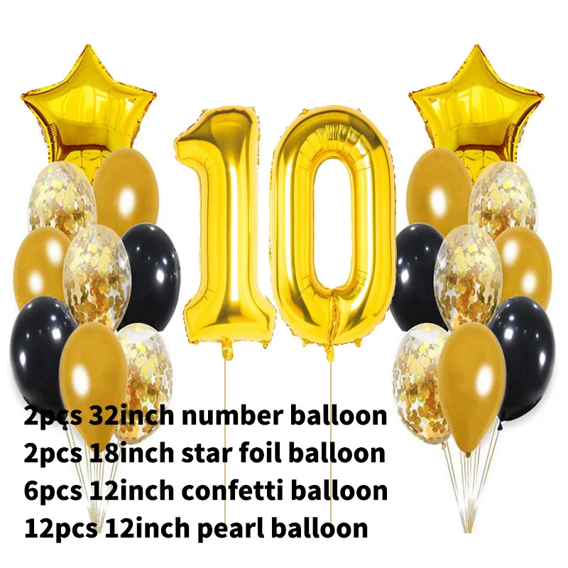 22 stücke Schwarz Gold Anzahl Folie Latex Ballons Geburtstag Party Dekorationen Erwachsene Kinder 10 15 16 18 25 30 35 40 50 60 jahre Alt