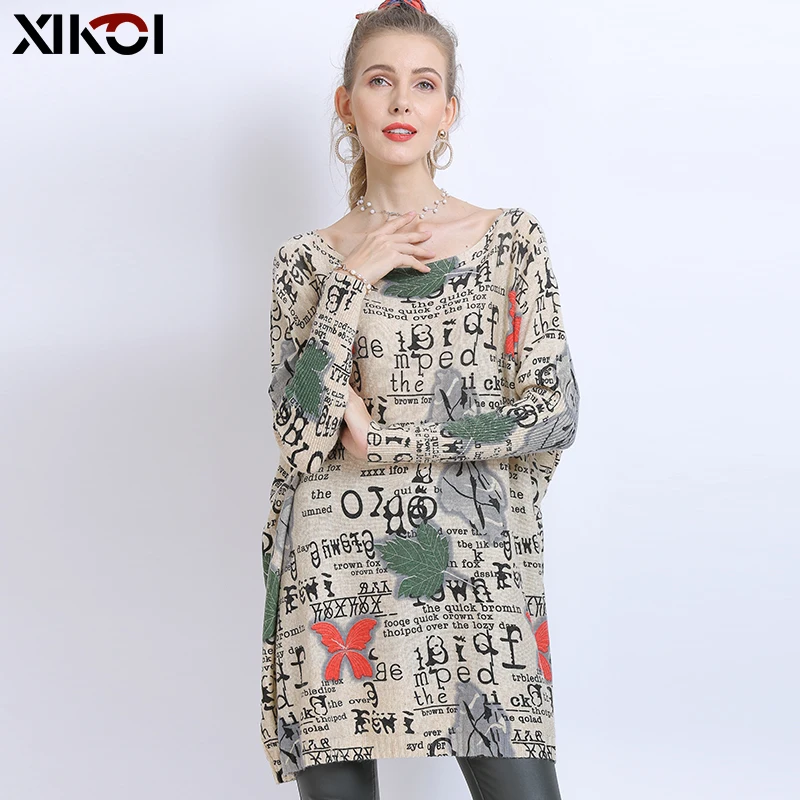 XIKOI Winter Oversized Sweaters For Women Warm Long Pullover Dresses Fashion Letter Print Jumper Knitted Sweaters Pull Femme