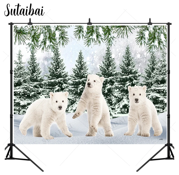 Winter Christmas Photography Background Fairytale Forest Polar Bear Baby Child Portrait Background Photo Family Party Decoration