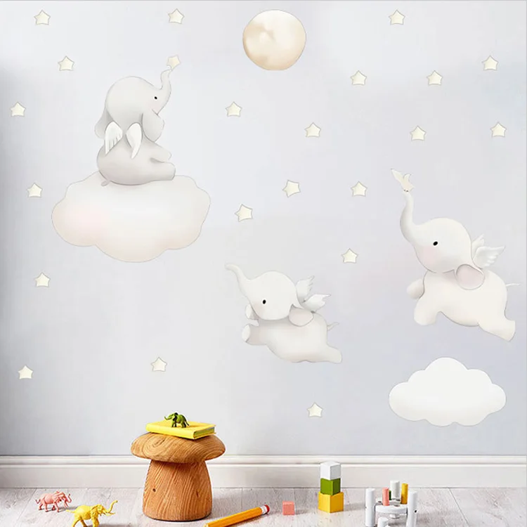 Cartoons Baby-Elefant-Sterne-Wandaufkleber für Kinderzimmer, Hintergrund für Heimdekoration, Schlafzimmer-Tapete, niedliche Tier-Aufkleber – Detail 4