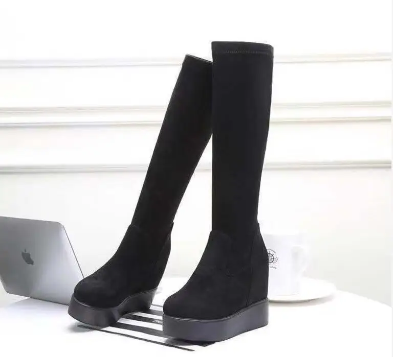 Autumn Winter Warm Wedges Knee High Boots Inner Increase Women's Round Toe Elastic Boots Long Tube Muffin Bottom Female Shoes
