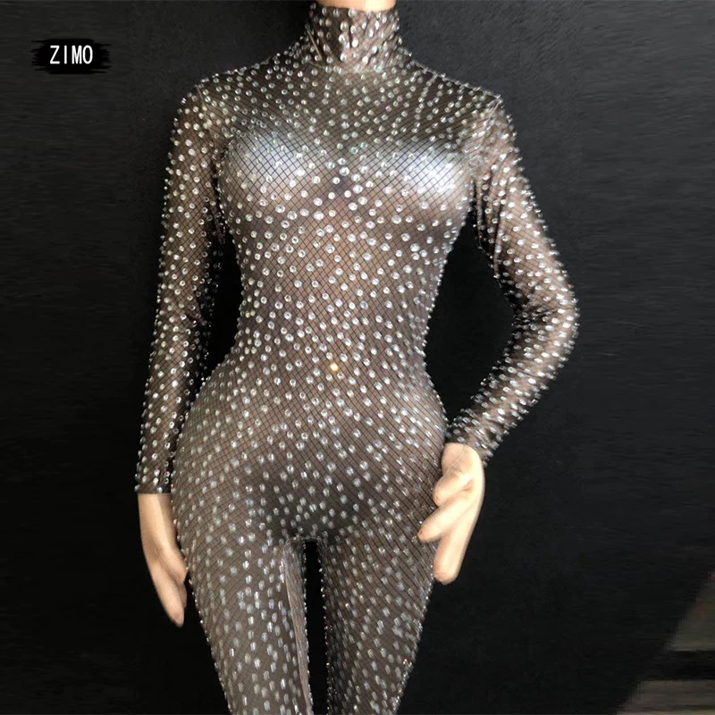 

Full Rhinestone Women Party Jumpsuit sexy Tight Fitting Black Rompers Singer Dancer Club Bodysuits bar dj designer high quality