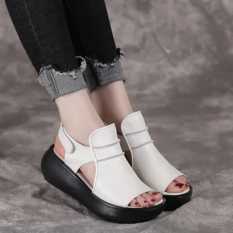 GKTINOO 2024 Summer Shoes Thick Bottom Flat Platform Sandals For Women Genuine Cow Leather Fashion Wedges Peep Toe Women Sandals