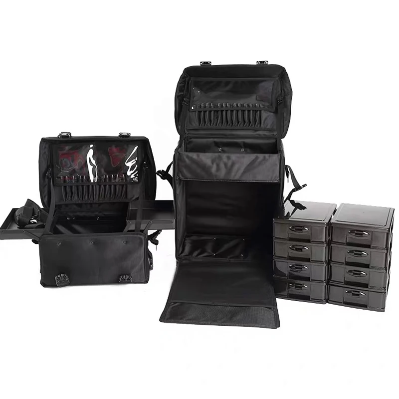 Pola Kain Alat Make Up Rolling Luggage Set dengan Tas Kecil Multi-Lapisan Profesional Koper Di Tas Troli Roda