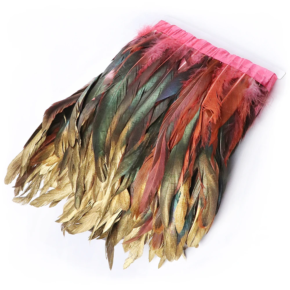 Dipped Gold Natural Rooster Feather Fringe Trims 15-20cm/6-8 inch Cock Feathers Ribbon for Dress Carnival Decoration Accessory