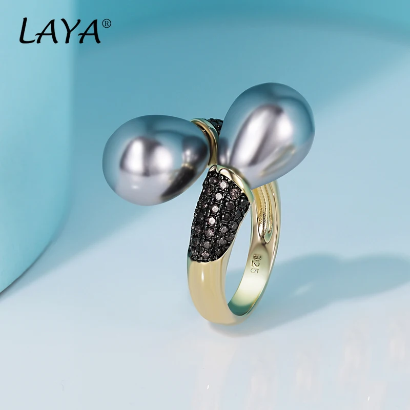 LAYA 925 Sterling Silver Adjustable Double Pearl Ring For Women Sparkling Zircon Engagement Anniversary Fine Jewelry