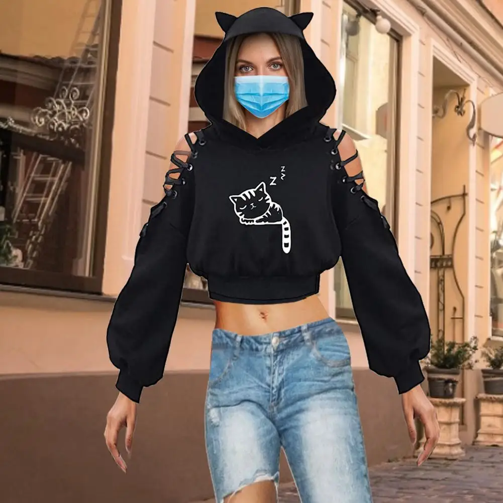 Gothic Punk Black Women\'s Cat Ear Hoodie Pullover Long Sleeve Hooded Sweatshirt Cute Lace Up Blouse