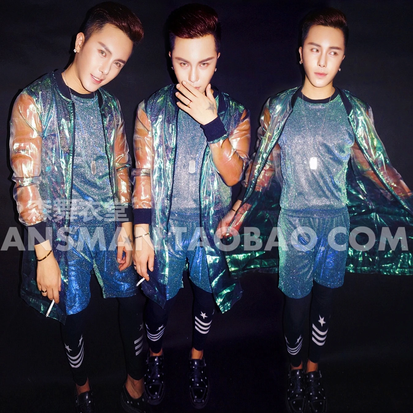 

Male singer DJ nightclub Quan Zhilong GD same paragraph blue-green phantom gradient long baseball uniform party costume