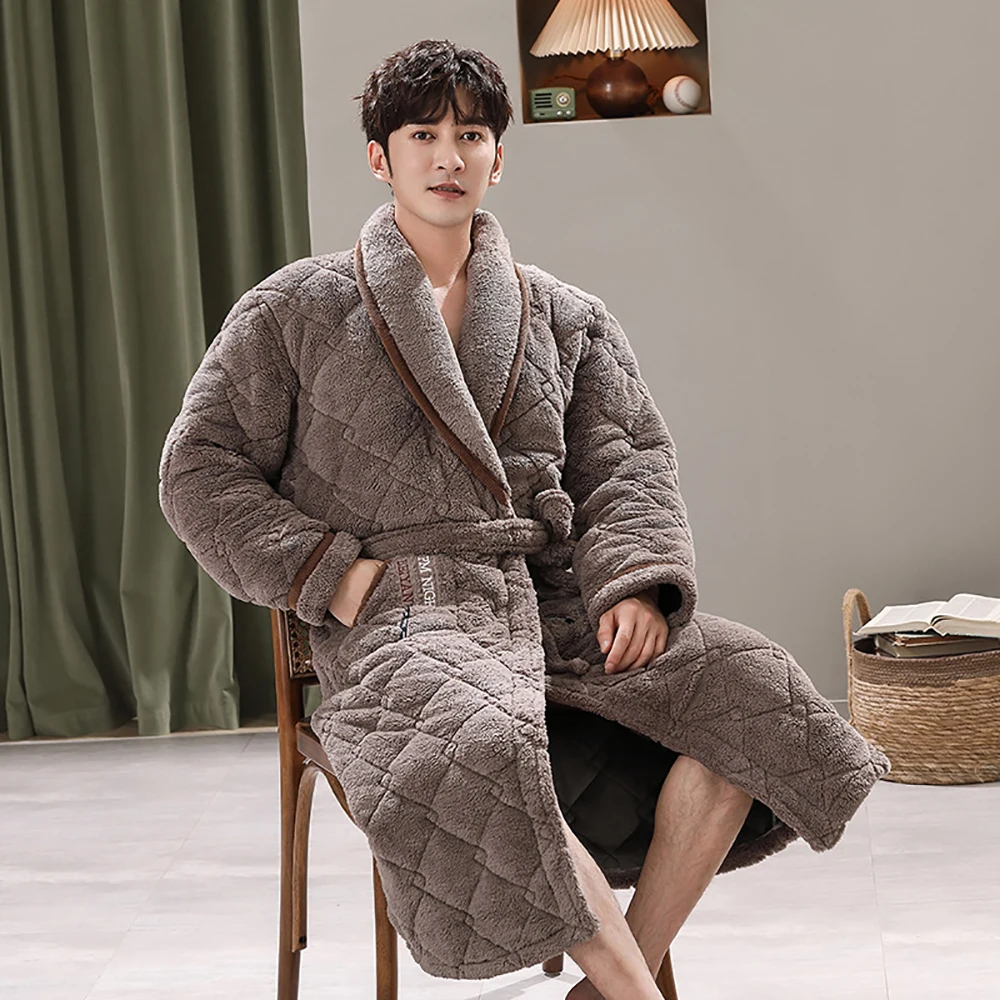 Winter Men\'s Bathrobe Terry Robe 3-layer Flannel Super Thick Warm Dressing Gown Luxury Solid Plaid Long Robe For Man Towel Towel