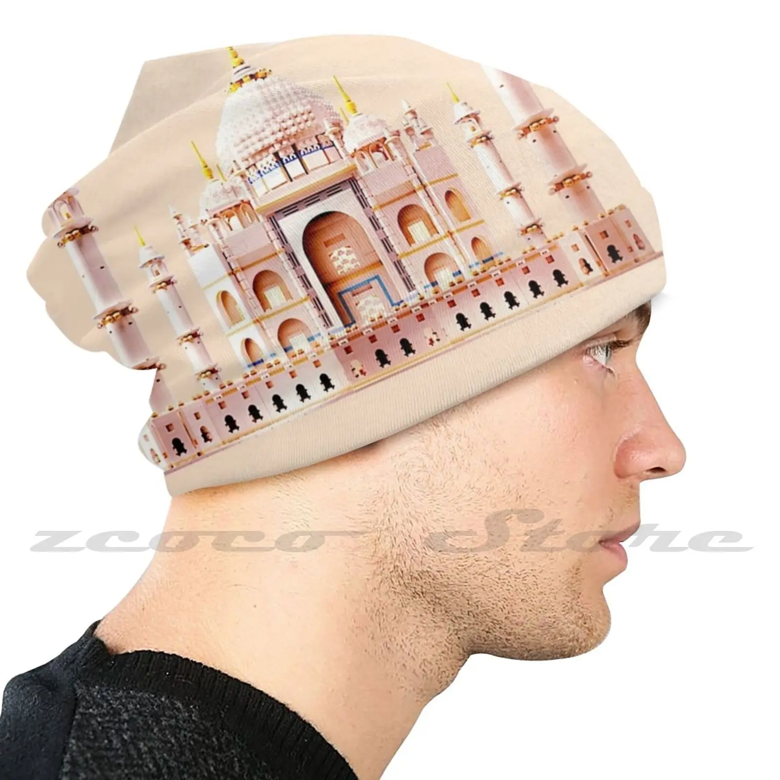 Taj Mahal Personalized Pattern Knit Hats Plus Size Elastic Soft Cap Monument Taj Mahal Orange Memory Sweet Light Colour Mind