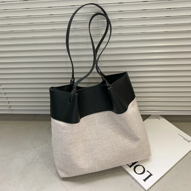 

Women's Canvas Shoulder Tote Bag Large PU Leather Shopping Bags for Lady Female Handbag Foldable Reusable Beach Shopper Bag