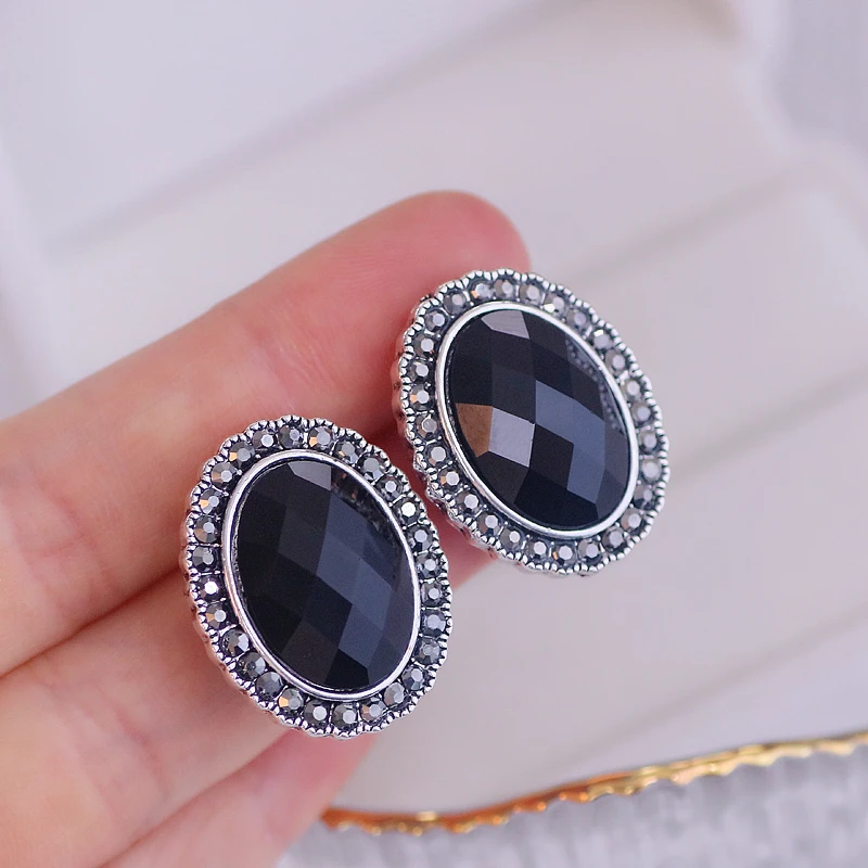 Retro Ethnic style Silver Color Oval Stud Earrings For Women Vintage Boho Black Rhinestone Crystal Earrings Jewelry Accessories