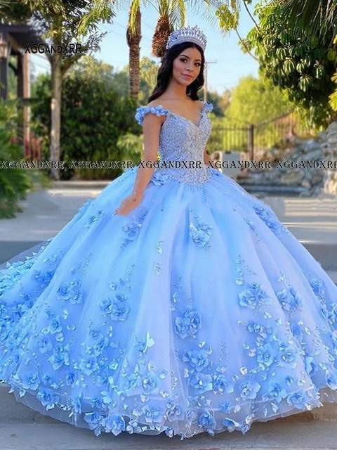 V Neck Sky Blue Quinceanera Dresses Ball Gown Baby Blue Off Shoulder 3d Flowers Puffy Sweet 16 Dress Butterfly Graduation Party Quinceanera Dresses AliExpress