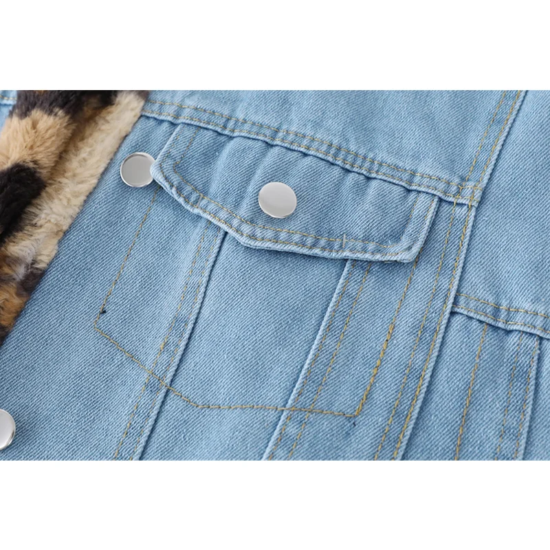 Women\'s Lamb Wool Denim Jackets Winter Long Sleeves Streetwear Chic Design Leopard Print Fashion Casual Baggy Jean Jackets Coat