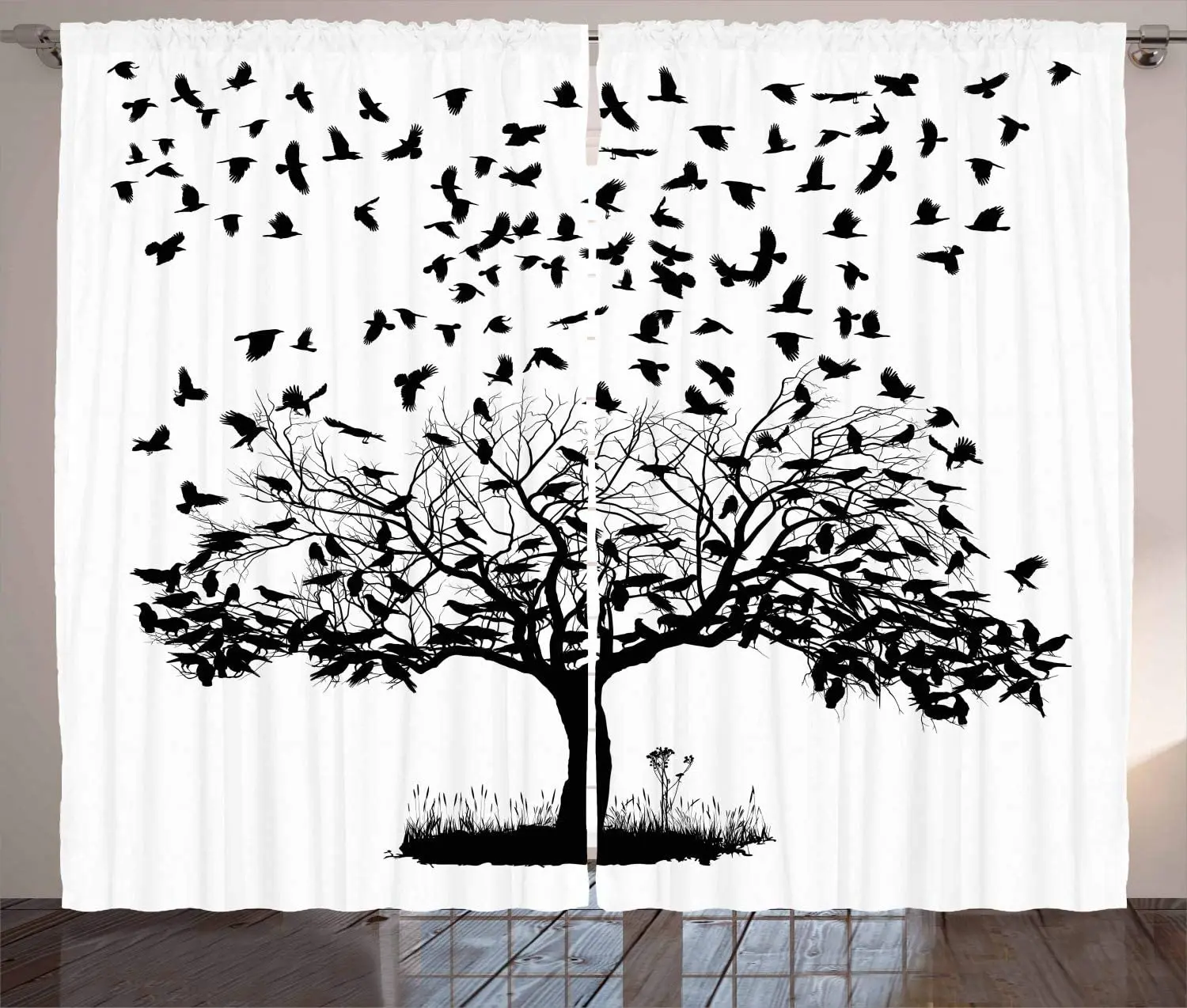 Birds Curtains Flock of Crows Monochrome Illustration of Birds Flying into The Sky from Tree Living Room Bedroom Window Drapes