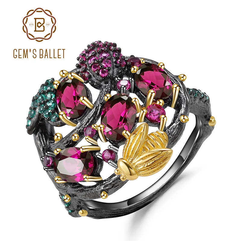 

GEM'S BALLET 925 Sterling Silver Handmade Branch Gold Bee Rings Natural Rhodolite Garnet Gemstone Ring for Women Fine Jewelry