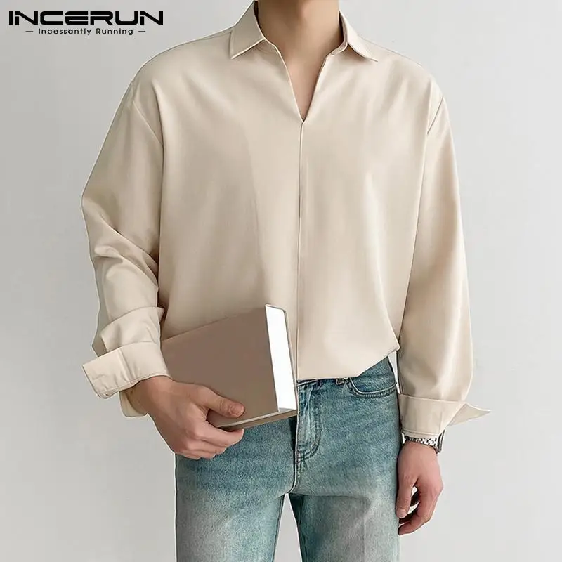 INCERUN Men Shirt Lapel Solid Color Long Sleeve Loose 2023 Korean Style Casual Men Clothing Streetwear Fashion Shirts S-3XL