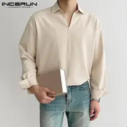 Solid Color Men Shirt Turn Down Collar 2023 Long Sleeve Korean Casual Men Clothing Loose Streetwear Leisure Camisa S-3XL INCERUN