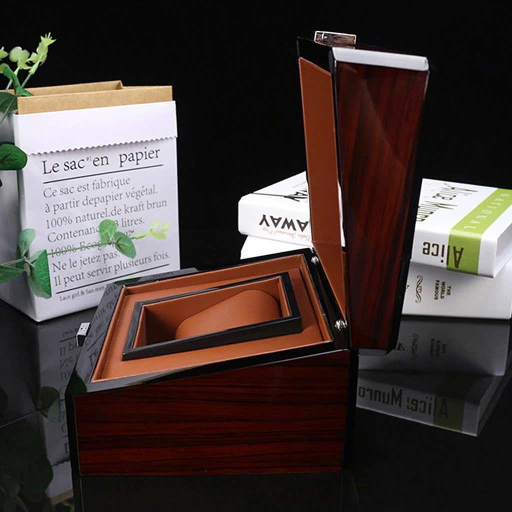 Premium Brown Wood Watch Box Single Slot Jewelry Storage Holder Square