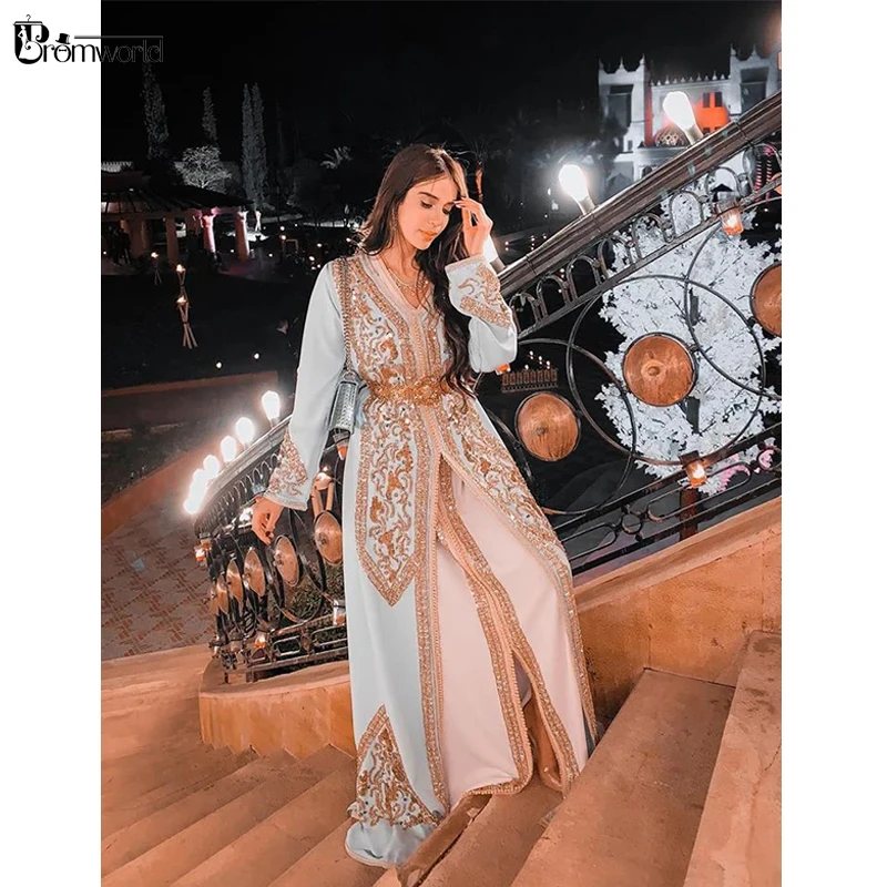 Light Blue Evening Kaftan Formal Dress Ladies Moroccan Caftan Gold Lace Plus Size Dubai Muslim Evening Dresses Long Luxury 2023