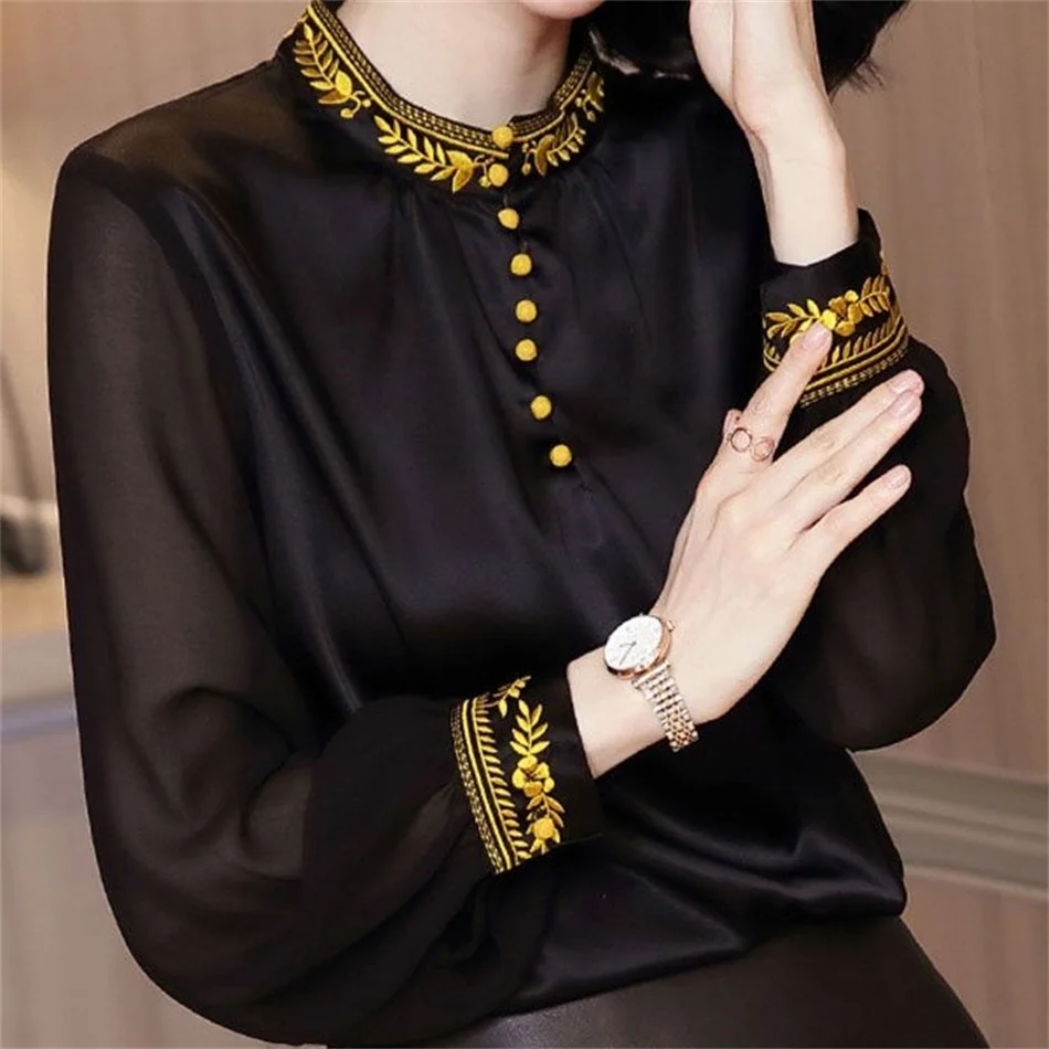 

Women Temperament Satin Shirts Spring Autumn Vintage Embroidery Blouses Casual Ladies Long Sleeve Stand Collar Black Top DD6641